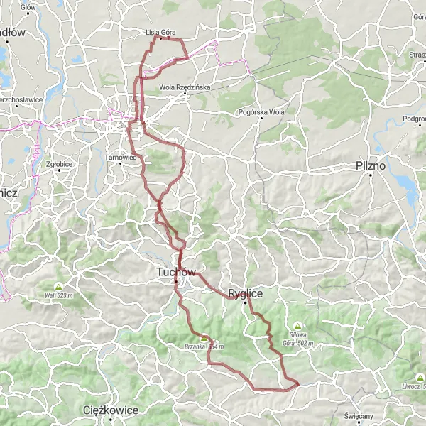 Map miniature of "Ołpiny-Krzyzowa-Łękawka-Saint Martin's Peak-Lisia Góra-Łękawica-Tuchów-Brzanka-Olszyny-Ołpiny" cycling inspiration in Małopolskie, Poland. Generated by Tarmacs.app cycling route planner