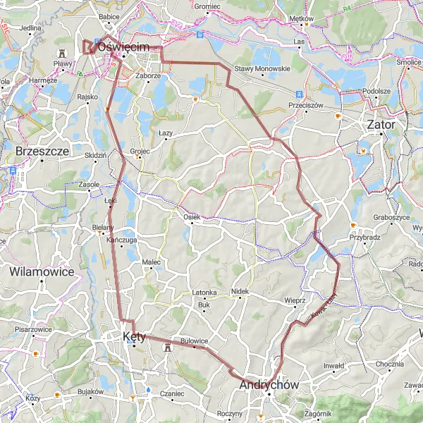 Map miniature of "Oświęcim Gravel Adventure" cycling inspiration in Małopolskie, Poland. Generated by Tarmacs.app cycling route planner