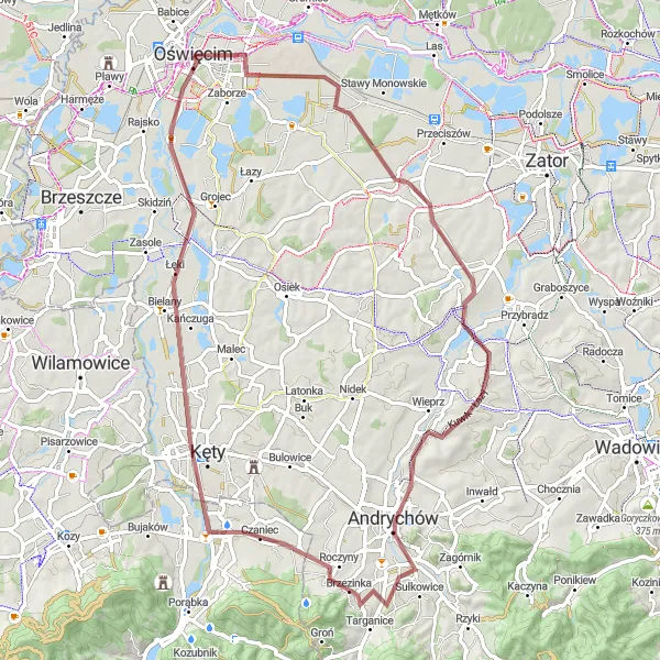 Map miniature of "Journey to Andrychów" cycling inspiration in Małopolskie, Poland. Generated by Tarmacs.app cycling route planner