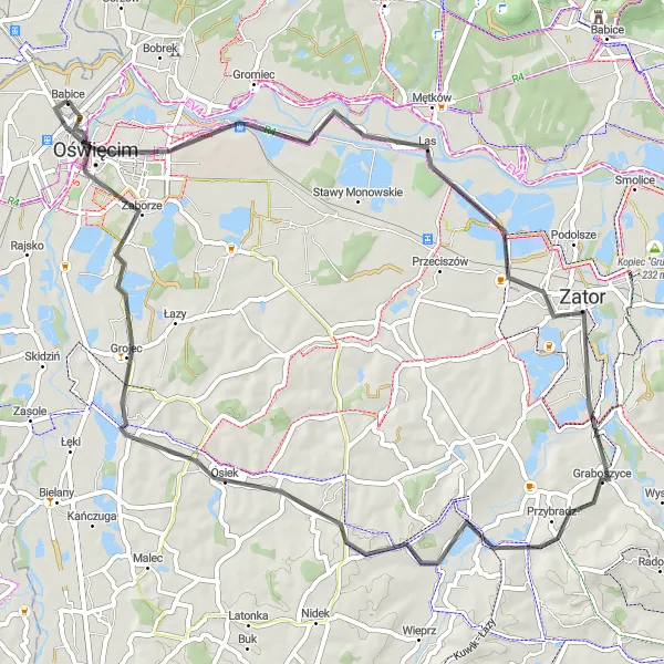 Map miniature of "Oświęcim Out and Back" cycling inspiration in Małopolskie, Poland. Generated by Tarmacs.app cycling route planner