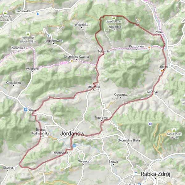 Map miniature of "Mountain Escape" cycling inspiration in Małopolskie, Poland. Generated by Tarmacs.app cycling route planner