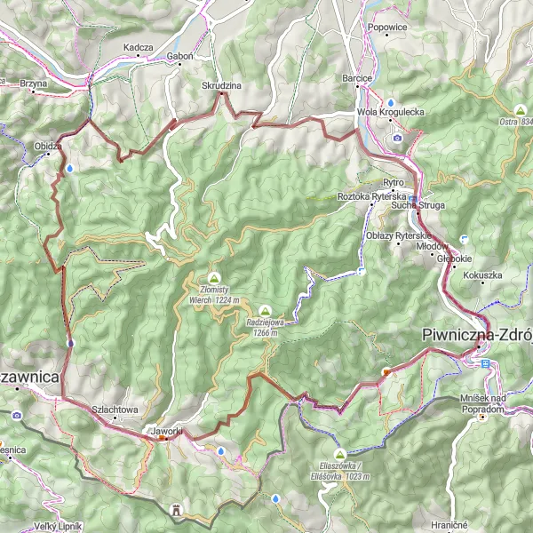 Map miniature of "Off the Beaten Track" cycling inspiration in Małopolskie, Poland. Generated by Tarmacs.app cycling route planner