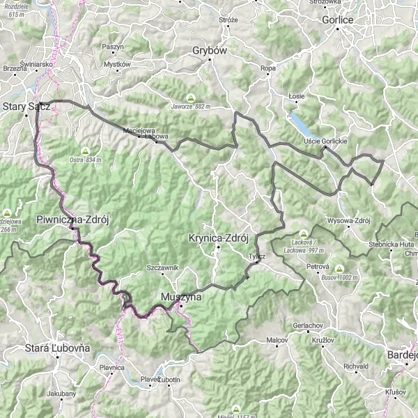 Map miniature of "Ride through the Beskids" cycling inspiration in Małopolskie, Poland. Generated by Tarmacs.app cycling route planner