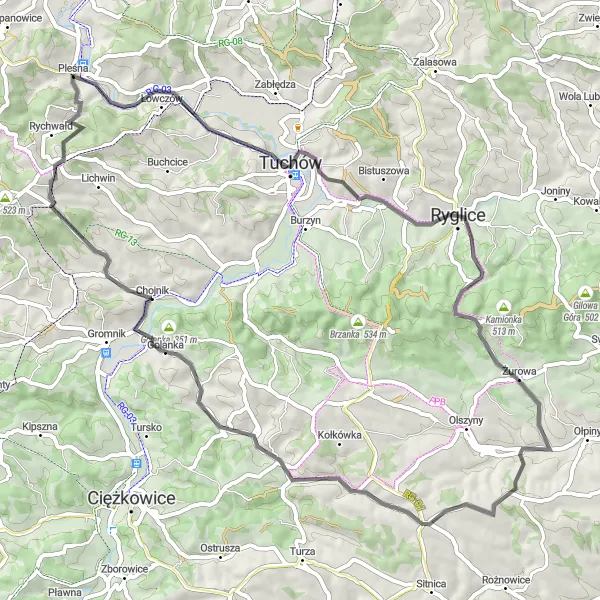 Miniatura mapy "Trasa z Kopaliny do Pleśnej" - trasy rowerowej w Małopolskie, Poland. Wygenerowane przez planer tras rowerowych Tarmacs.app