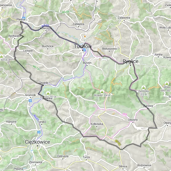 Map miniature of "Hidden Gems Road Loop" cycling inspiration in Małopolskie, Poland. Generated by Tarmacs.app cycling route planner