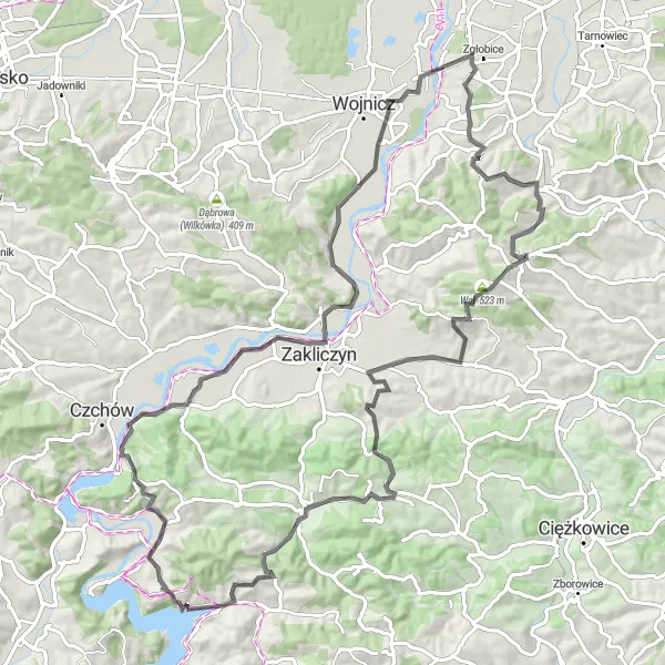 Map miniature of "Scenic Hills and Valleys" cycling inspiration in Małopolskie, Poland. Generated by Tarmacs.app cycling route planner