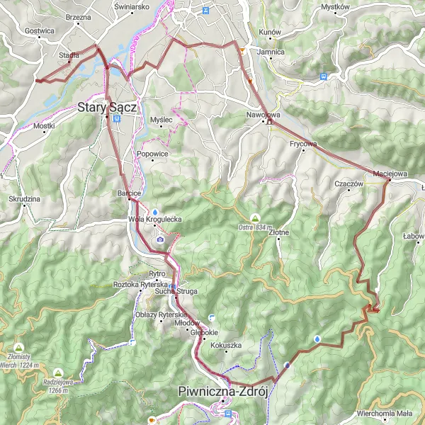 Map miniature of "Góry Wargulskie Gravel Run" cycling inspiration in Małopolskie, Poland. Generated by Tarmacs.app cycling route planner