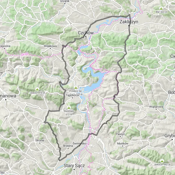 Map miniature of "The Beskid Niski Challenge" cycling inspiration in Małopolskie, Poland. Generated by Tarmacs.app cycling route planner