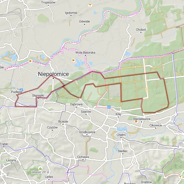 Miniatura mapy "Przejażdżka przez Niepołomice i Kobylą Głowę" - trasy rowerowej w Małopolskie, Poland. Wygenerowane przez planer tras rowerowych Tarmacs.app