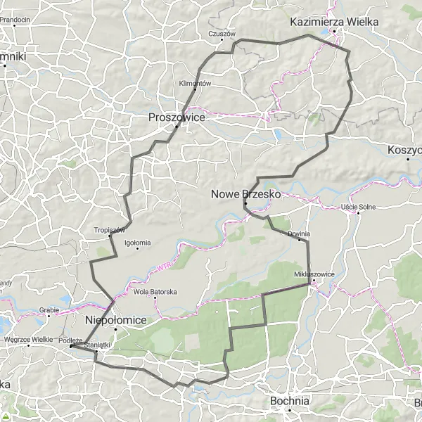 Miniatura mapy "Rowerowa wycieczka przez Proszowice i Kłaj" - trasy rowerowej w Małopolskie, Poland. Wygenerowane przez planer tras rowerowych Tarmacs.app