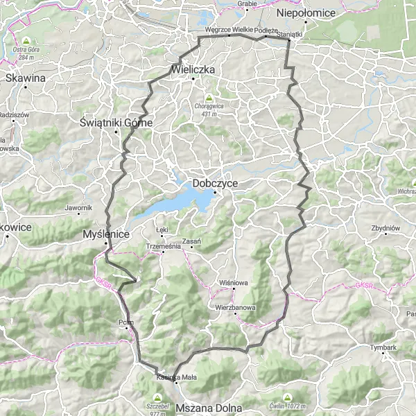 Miniatura mapy "Rowery w górach - od Łysa Góra do Staniątek" - trasy rowerowej w Małopolskie, Poland. Wygenerowane przez planer tras rowerowych Tarmacs.app