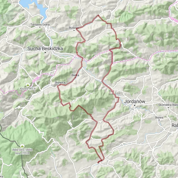 Map miniature of "Skawica Gravel Adventure" cycling inspiration in Małopolskie, Poland. Generated by Tarmacs.app cycling route planner