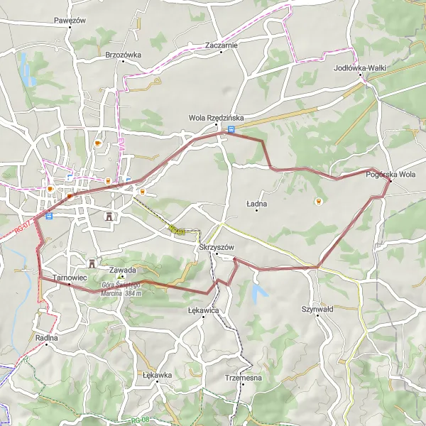 Map miniature of "The Serene Skrzyszów Gravel Route" cycling inspiration in Małopolskie, Poland. Generated by Tarmacs.app cycling route planner