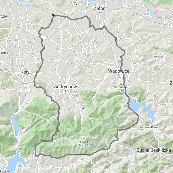 Map miniature of "Łowiczki to Przełęcz Kocierska Road Challenge" cycling inspiration in Małopolskie, Poland. Generated by Tarmacs.app cycling route planner
