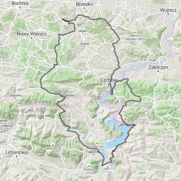 Miniatura mapy "Trasa Szosowa Okocim - Rajbrot" - trasy rowerowej w Małopolskie, Poland. Wygenerowane przez planer tras rowerowych Tarmacs.app