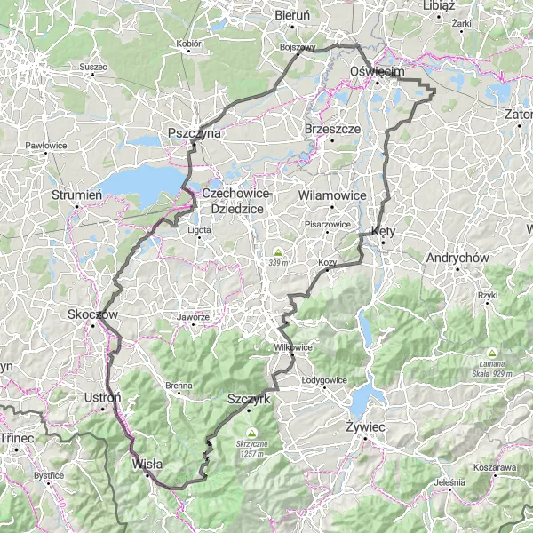 Map miniature of "Hills and History: Łęg to Zamek w Oswięcimiu" cycling inspiration in Małopolskie, Poland. Generated by Tarmacs.app cycling route planner