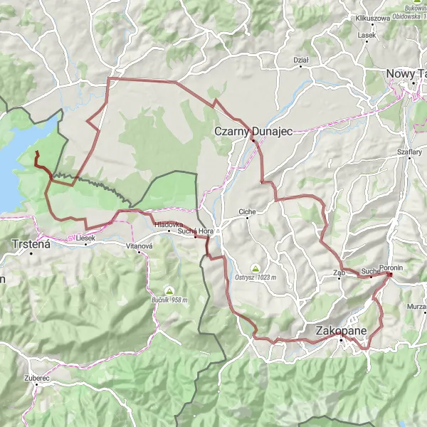 Map miniature of "Mountainous Gravel Adventure" cycling inspiration in Małopolskie, Poland. Generated by Tarmacs.app cycling route planner