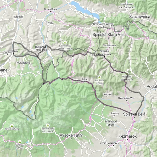 Map miniature of "Through the Highlights of Tatra Mountains" cycling inspiration in Małopolskie, Poland. Generated by Tarmacs.app cycling route planner