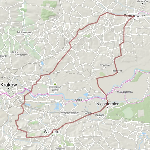 Miniatura mapy "Trasa z Niepołomic do Prus" - trasy rowerowej w Małopolskie, Poland. Wygenerowane przez planer tras rowerowych Tarmacs.app
