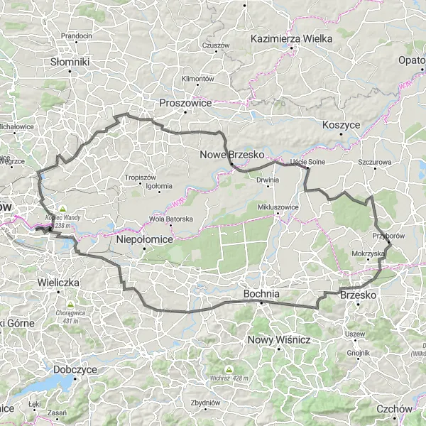 Map miniature of "The Brzesko Loop" cycling inspiration in Małopolskie, Poland. Generated by Tarmacs.app cycling route planner