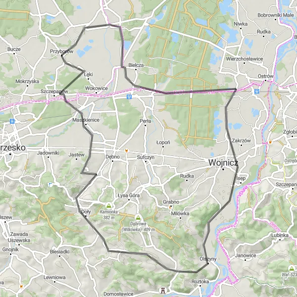 Map miniature of "Przyborów to Łoniowa Road Cycling Route" cycling inspiration in Małopolskie, Poland. Generated by Tarmacs.app cycling route planner