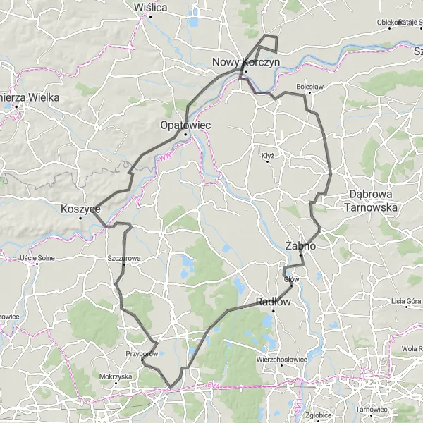 Map miniature of "The Kraśniów to Żabno Challenge" cycling inspiration in Małopolskie, Poland. Generated by Tarmacs.app cycling route planner