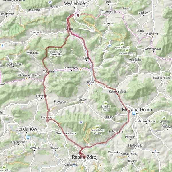 Map miniature of "Zbójecka Góra and Królewska Góra Loop" cycling inspiration in Małopolskie, Poland. Generated by Tarmacs.app cycling route planner