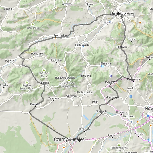 Map miniature of "Klikuszowa Gran Fondo" cycling inspiration in Małopolskie, Poland. Generated by Tarmacs.app cycling route planner