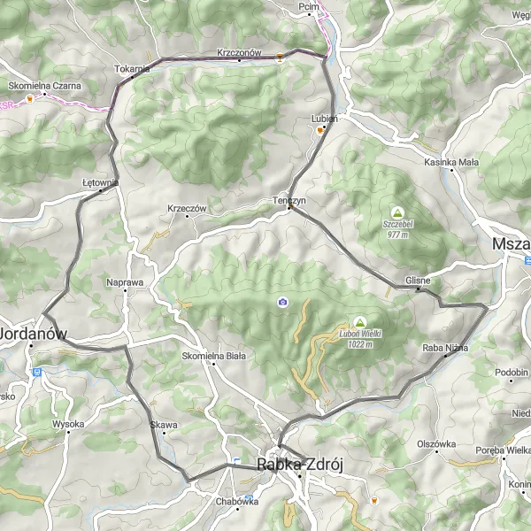 Map miniature of "Scenic Road Trip to Tokarnia" cycling inspiration in Małopolskie, Poland. Generated by Tarmacs.app cycling route planner