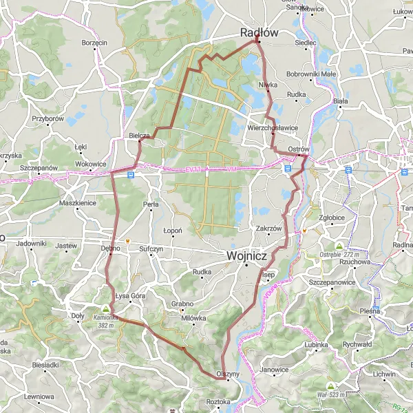 Map miniature of "Loop around Radłów with Panieńska Góra, Kamionka, Dębno, and Bielcza" cycling inspiration in Małopolskie, Poland. Generated by Tarmacs.app cycling route planner