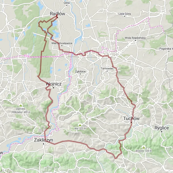 Map miniature of "Radłów Gravel Adventure" cycling inspiration in Małopolskie, Poland. Generated by Tarmacs.app cycling route planner