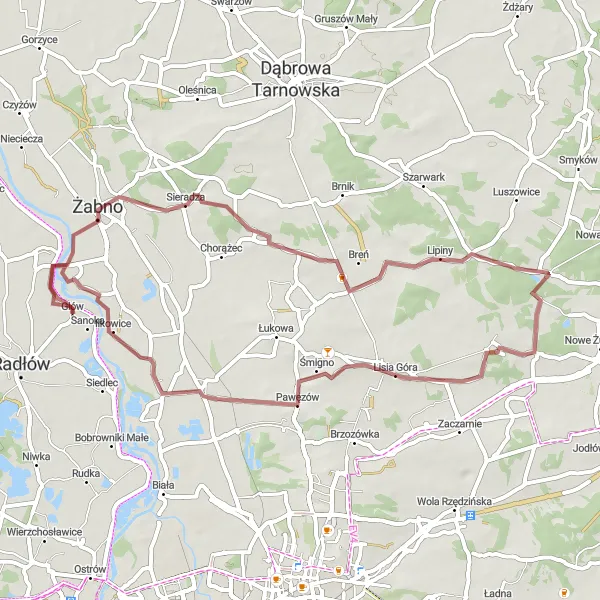Map miniature of "Radłów - Lisia Góra - Wychylówka - Niedomice - Radłów (gravel)" cycling inspiration in Małopolskie, Poland. Generated by Tarmacs.app cycling route planner