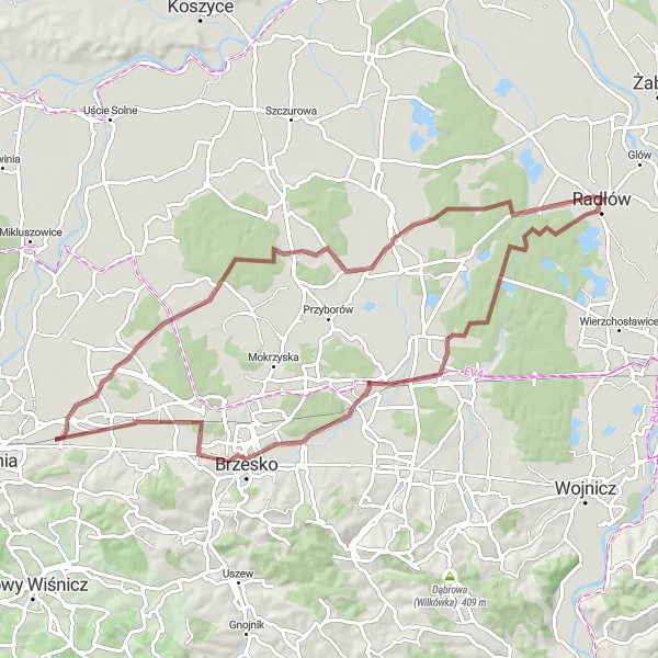 Map miniature of "Picturesque gravel route with stops at Bielcza, Sterkowiec, Ostra Góra, Krzeczów, and Rudy-Rysie" cycling inspiration in Małopolskie, Poland. Generated by Tarmacs.app cycling route planner