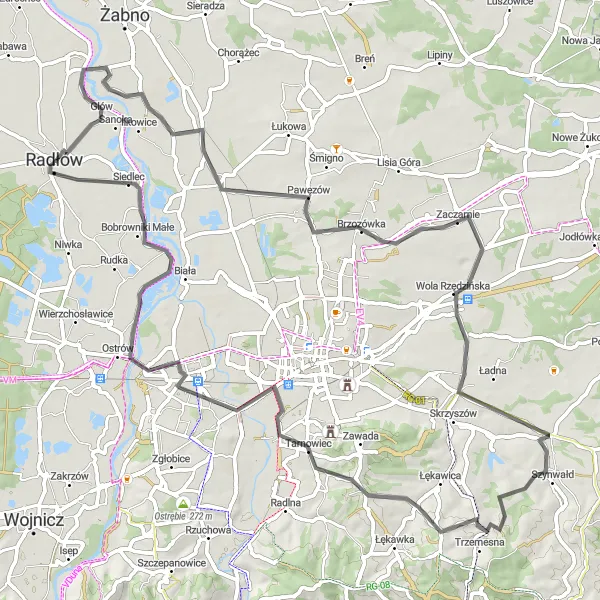 Map miniature of "Scenic road ride to Glów, Wychylówka, Zaczarnie, Szynwałd, Tarnowiec, and Siedlec" cycling inspiration in Małopolskie, Poland. Generated by Tarmacs.app cycling route planner