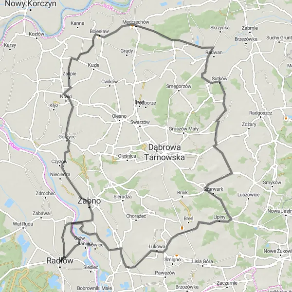 Map miniature of "Radłów - Żabno - Zalipie - Nieczajna Górna - Łęg Tarnowski - Glów (road)" cycling inspiration in Małopolskie, Poland. Generated by Tarmacs.app cycling route planner
