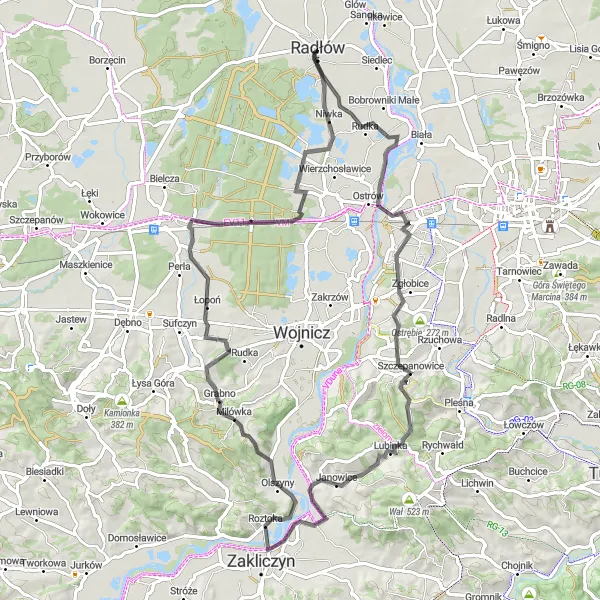 Map miniature of "Challenging road ride to Błonie, Roztoka, Styrkowiec, and Niwka" cycling inspiration in Małopolskie, Poland. Generated by Tarmacs.app cycling route planner