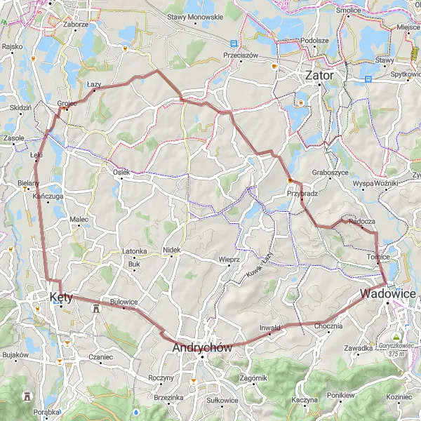 Map miniature of "Tomice - Bulowice Gravel Adventure" cycling inspiration in Małopolskie, Poland. Generated by Tarmacs.app cycling route planner