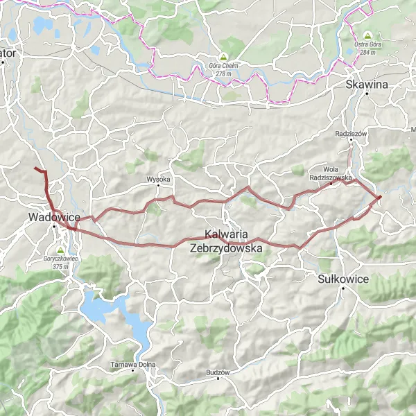 Map miniature of "Wola Radziszowska and Krowia Góra Adventure" cycling inspiration in Małopolskie, Poland. Generated by Tarmacs.app cycling route planner