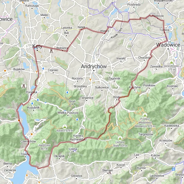 Map miniature of "Tomice - Zasolnica Adventure Ride" cycling inspiration in Małopolskie, Poland. Generated by Tarmacs.app cycling route planner