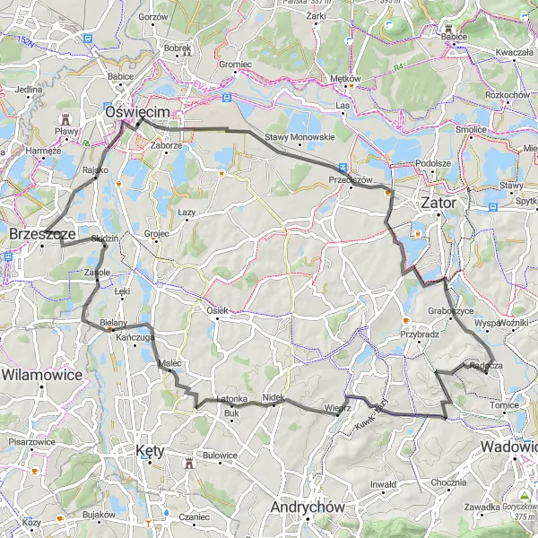 Map miniature of "Wieprz and Łowiczki Loop" cycling inspiration in Małopolskie, Poland. Generated by Tarmacs.app cycling route planner