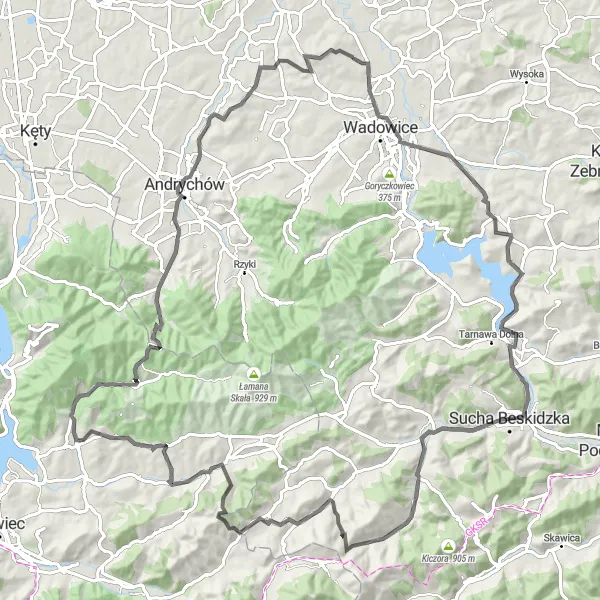 Map miniature of "Radocza - Stryszawa Loop" cycling inspiration in Małopolskie, Poland. Generated by Tarmacs.app cycling route planner