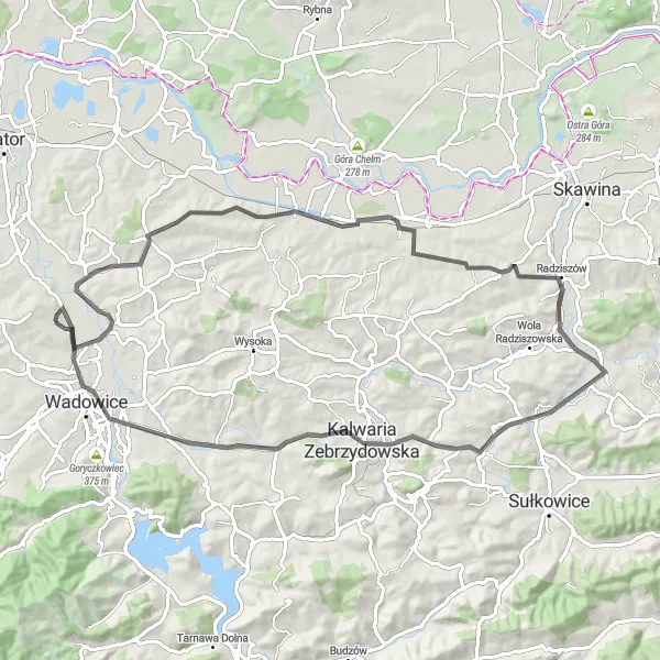 Map miniature of "Through the Hills of Radocza" cycling inspiration in Małopolskie, Poland. Generated by Tarmacs.app cycling route planner