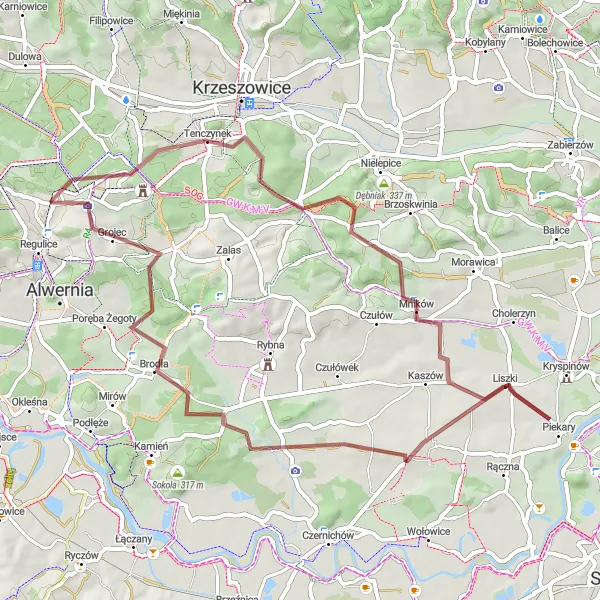Miniatura mapy "Trasa Gravelowa Tenczynek-Piekary" - trasy rowerowej w Małopolskie, Poland. Wygenerowane przez planer tras rowerowych Tarmacs.app