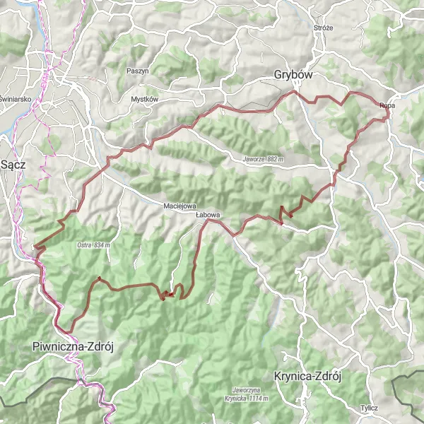 Map miniature of "Gravel Route: Ropa Loop" cycling inspiration in Małopolskie, Poland. Generated by Tarmacs.app cycling route planner