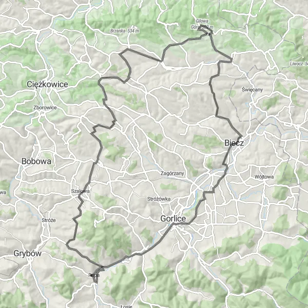 Map miniature of "Ropa - Bołdówki - Turza - Żurowa - Szerzyny - Parkowa - Ropica Polska - Bukowa - Ropa" cycling inspiration in Małopolskie, Poland. Generated by Tarmacs.app cycling route planner