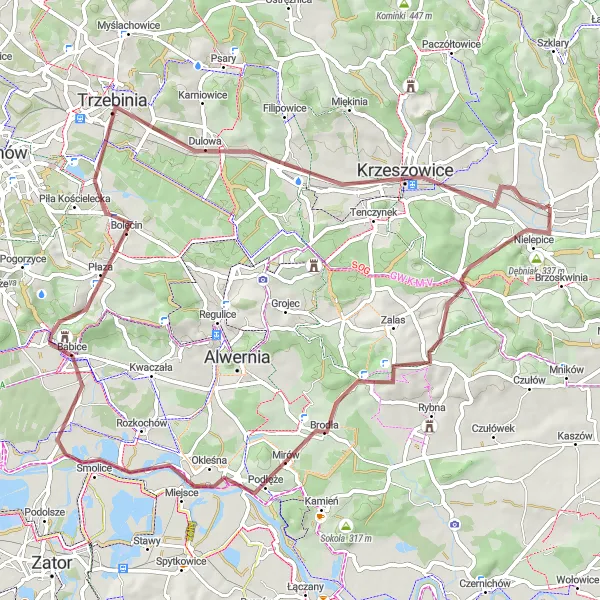 Map miniature of "Rudawa Gravel Adventure" cycling inspiration in Małopolskie, Poland. Generated by Tarmacs.app cycling route planner