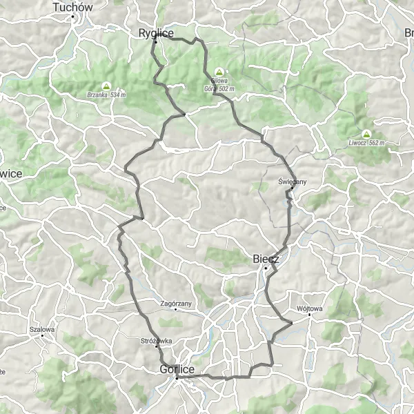 Map miniature of "Gorlice Loop" cycling inspiration in Małopolskie, Poland. Generated by Tarmacs.app cycling route planner