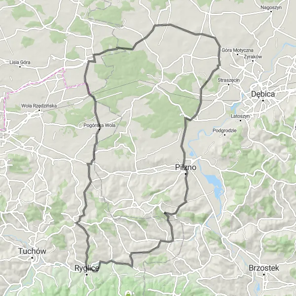 Map miniature of "Journey Through the Pogórze" cycling inspiration in Małopolskie, Poland. Generated by Tarmacs.app cycling route planner