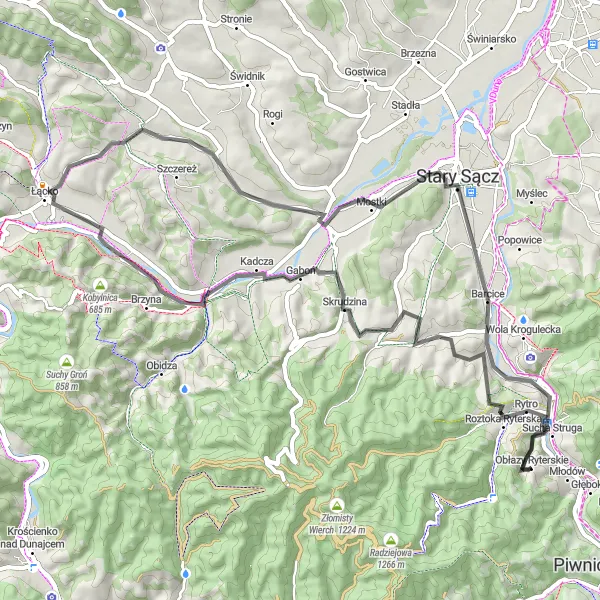 Map miniature of "Scenic Tour around Rytro" cycling inspiration in Małopolskie, Poland. Generated by Tarmacs.app cycling route planner