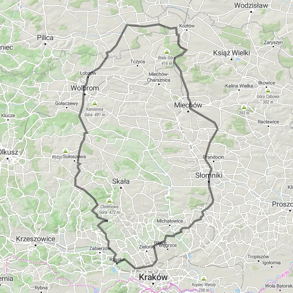 Map miniature of "Rząska-Wolbrom-Miechów Round Trip" cycling inspiration in Małopolskie, Poland. Generated by Tarmacs.app cycling route planner